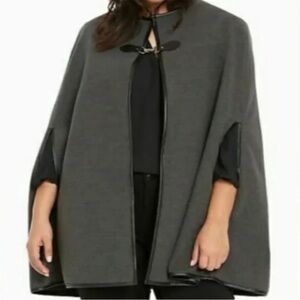 New Torrid Marled Knit Faux Leather Trim One Size Cape Grey